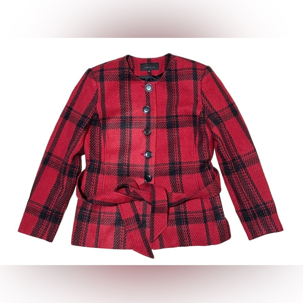 Jones New York Coat Blazer Size 4 Lined Belted Suit Jacket Red Black Plaid